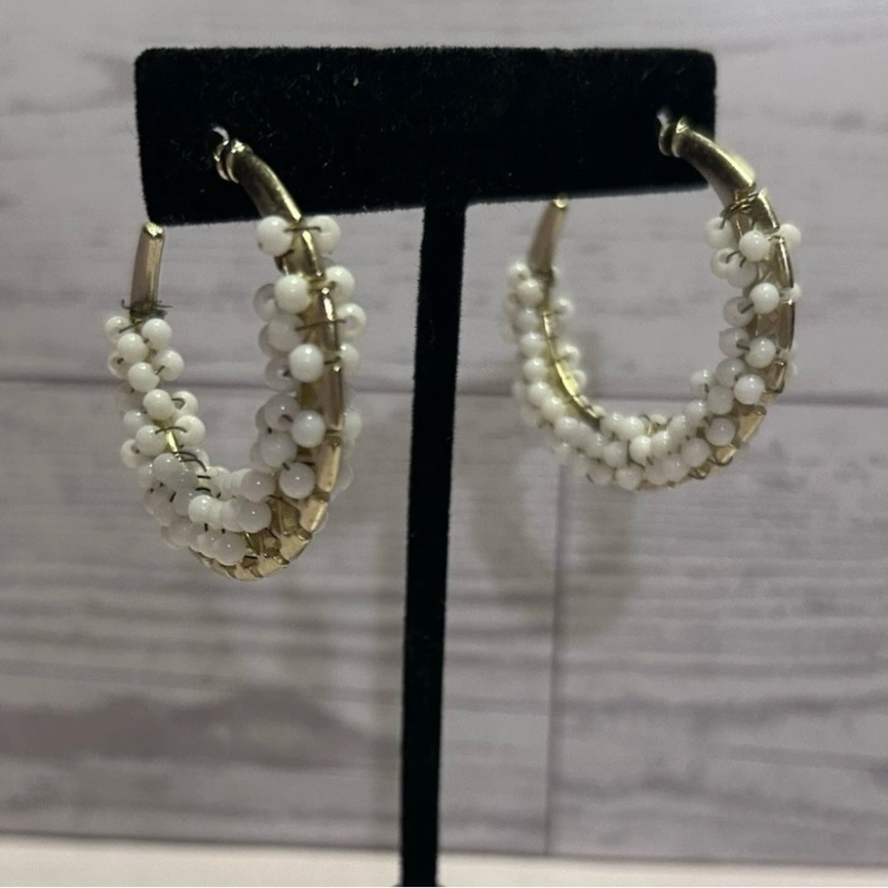 Elegant Gold and White Beaded Hoop Earrings
